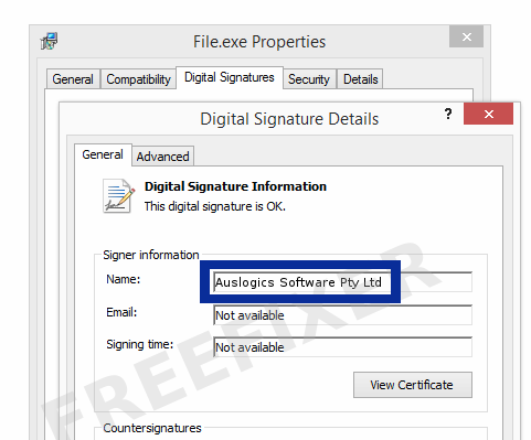 Screenshot of the Auslogics Software Pty Ltd certificate